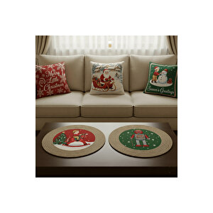 2026 Yeni Yılbaşı Temalı 3'lü Keten Kırlent Kılıfı Seti Ve El Yapımı 2'li Supla - Yılbaşı Konsepti 35x50 cm