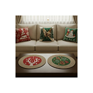 2026 Yeni Yılbaşı Temalı 3'lü Keten Kırlent Kılıfı Seti Ve El Yapımı 2'li Jüt Supla - Yılbaşı Konsepti 41x41 cm