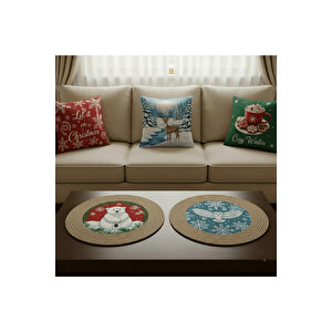 2026 Yeni Yılbaşı Temalı 3'lü Keten Kırlent Kılıfı Seti Ve El Yapımı 2'li Jüt Supla - Yılbaşı Konsepti 41x41 cm