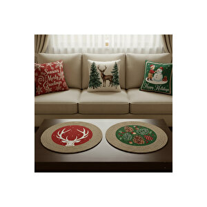 2026 Yeni Yılbaşı Temalı 3'lü Keten Kırlent Kılıfı Seti Ve El Yapımı 2'li Supla - Yılbaşı Konsepti 45x45 cm