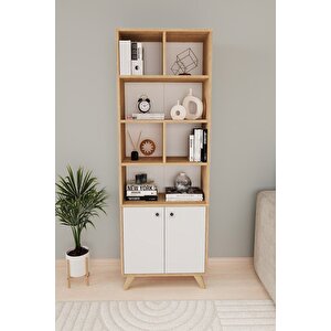 Dekoratif Kitaplık 2 Kapaklı 8 Bölmeli Kitaplık Smyrna Safir Meşe Beyaz