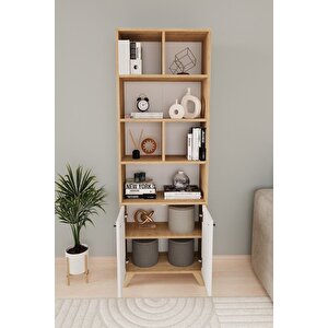 Dekoratif Kitaplık 2 Kapaklı 8 Bölmeli Kitaplık Smyrna Safir Meşe Beyaz