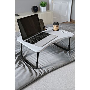 Portatif Katlanır Laptop Sehpası Tablet Telefon Tutuculu Laptop Sehpası Beyaz