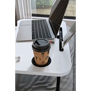 Portatif Katlanır Laptop Sehpası Tablet Telefon Tutuculu Laptop Sehpası Beyaz