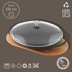 Döküm Yuvarlak Saç Kavurma Tavası Döküm Demir Yekpare Çift Kulplu Cam Kapaklı Kayın Servis Ahşabı Çap(ø)28cm.