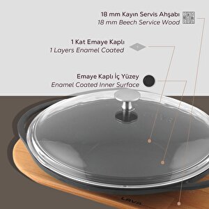 Lava Döküm Yuvarlak Saç Kavurma Tavası Döküm Demir Yekpare Çift Kulplu Cam Kapaklı Kayın Servis Ahşabı Çap(ø)28cm.