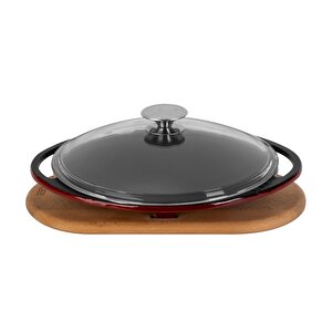 Döküm Yuvarlak Saç Kavurma Tavası Döküm Demir Yekpare Çift Kulplu Cam Kapaklı Kayın Servis Ahşabı Çap(ø)28cm.-bordo