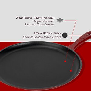 Lava Döküm Yuvarlak Pizza Krep Pankek Tavası Döküm Demir Yekpare Saplı Çap(ø)26cm.-bordo
