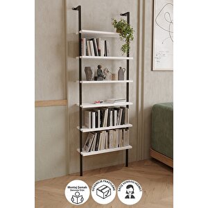6 Raflı Duvara Monte Kitaplık Dekoratif Kitaplık Beyaz.
