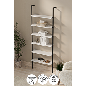 6 Raflı Duvara Monte Kitaplık Dekoratif Kitaplık Rüzgar Beyaz