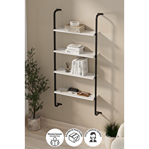 4 Raflı Duvara Monte Kitaplık Dekoratif Kitaplık Ayaz Beyaz