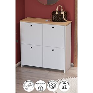 4 Kapaklı Ayakkabılık 4 Bölmeli Ayakkabılık Çok Amaçlı Dolap Tetra Safir Meşe Beyaz
