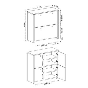 4 Kapaklı Ayakkabılık 4 Bölmeli Ayakkabılık Çok Amaçlı Dolap Tetra Safir Meşe Beyaz