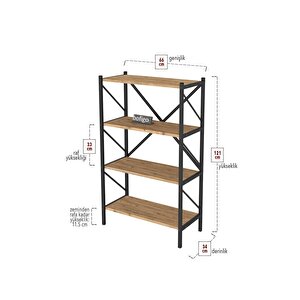 Dekoratif 4 Raflı Kitaplık Metal Kitaplık Çam.
