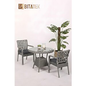 Alaçatı 2 Kişilik Rattan Bahçe Balkon Mutfak Masa Takımı Açık Gri