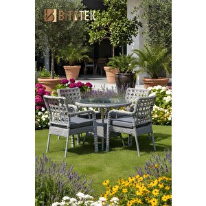 Alaçatı 4 Kişilik Rattan Bahçe Balkon Mutfak Masa Takımı Gri