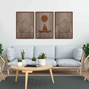 Ahşap Duvar Tablosu, 3 Parça Ahşap Modern Duvar Dekoru, Gemili Dağ Desen Duvar Paneli, Ceviz 42x28 cm