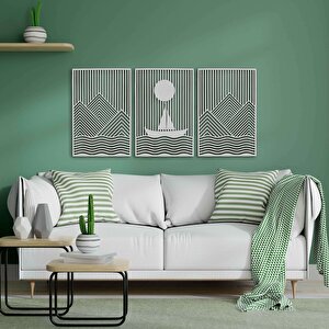 Ahşap Duvar Tablosu, 3 Parça Ahşap Modern Duvar Dekoru, Gemili Dağ Desen Duvar Paneli, Beyaz 28x28 cm