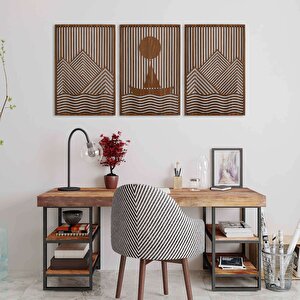 Ahşap Duvar Tablosu, 3 Parça Ahşap Modern Duvar Dekoru, Gemili Dağ Desen Duvar Paneli, Ceviz 40,5x40,5 cm