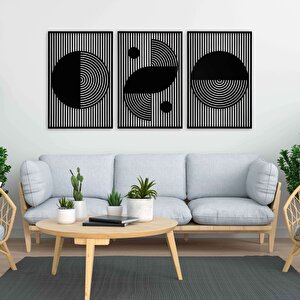 Ahşap Duvar Tablosu, 3 Parça Ahşap Modern Duvar Dekoru, Bohem Desen Duvar Paneli, Siyah 71x71 cm