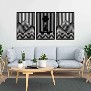 Ahşap Duvar Tablosu, 3 Parça Ahşap Modern Duvar Dekoru, Gemili Dağ Desen Duvar Paneli, Siyah 42x28 cm