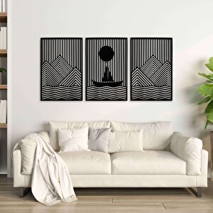 Ahşap Duvar Tablosu, 3 Parça Ahşap Modern Duvar Dekoru, Gemili Dağ Desen Duvar Paneli, Siyah 42x28 cm