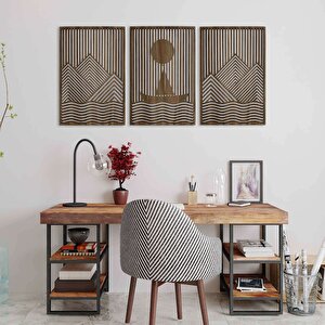 Ahşap Duvar Tablosu, 3 Parça Ahşap Modern Duvar Dekoru, Gemili Dağ Desen Duvar Paneli, Akasya 72x48 cm