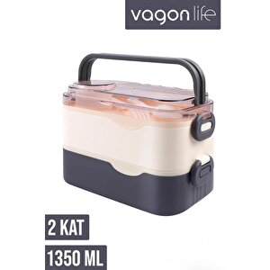 İçi Çelik 2 Katlı Saklama Kabı 1350 Ml Siyah