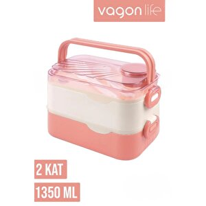 İçi Çelik 2 Katlı Saklama Kabı 1350 Ml Pembe