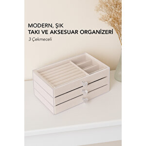 Ecrou Modern 3 Çekmeceli Takı Bijuteri Mücevher Kutusu Organizer Düzenleyici Beyaz 13 X 23 X 10 Cm