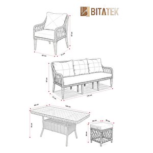 Btk Concept  Milano Rattan Puflu Bahçe Balkon Takımı 3+1+1+camlı Masa Gri