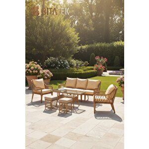 Milano Rattan Puflu Bahçe Balkon Takımı 3+1+1+camlı Masa Kahve