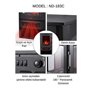 Xlarge Elektrikli Şömine & Elektrikli Soba Fanlı Isıtıcı, Led Odun Efekti, Metal Kasa Nd-183c