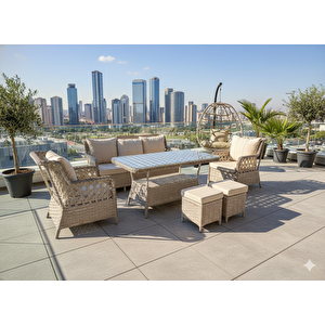 City View Lüks Rattan Balkon Teras Takımı Ve Salıncak Seti 7 Kişilik
