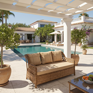 Açık Bej Minderli 3 Kişilik Sentetik Rattan Bahçe Kanepe, 182 Cm