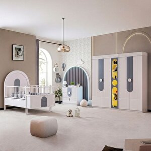Venüs Çocuk Odası Takımı, Venüs Büyüyen Beşik, Vira 4 Kapaklı Kitaplıklı Dolap, Şifonyer - Gri