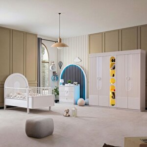 Venüs Çocuk Odası Takımı, Venüs Büyüyen Beşik, Vira 4 Kapaklı Kitaplıklı Dolap, Şifonyer - Beyaz