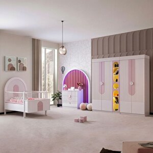 Venüs Çocuk Odası Takımı, Venüs Büyüyen Beşik, Vira 4 Kapaklı Kitaplıklı Dolap, Şifonyer - Pembe
