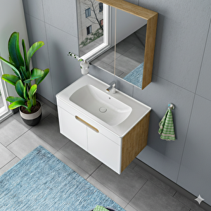 Troy Ayna Dolaplı Banyo Dolabı Seti Beyaz / Meşe 80 Cm
