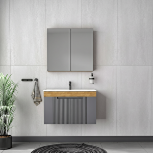 Tano Ayna Dolapli Banyo Dolabi Seti̇ Antrasi̇t / Meşe 80 Cm