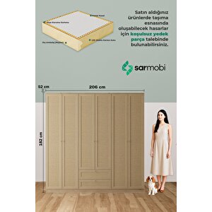 Baru 6 Kapaklı 2 Çekmeceli Gardırop H:210 Cm