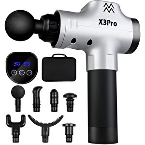 X3pro Masaj Tabancası 24v Sporcu Masaj Aleti 7 Başlıklı 30 Hız Vurmalı Süper Sessiz Fırçasız Motor Gümüş Renk