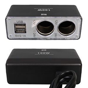 1647 12-24v Çi̇ft Usb Gi̇ri̇şli̇ 100w 70cm Kablolu 3'lü Araç Çakmak Çoklayici