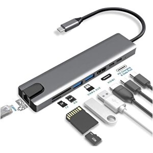 Type-c Hub Dönüştürücü Çevirici Çoklayıcı Usb Hdmı Micro Sd 8 Girişli