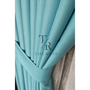 Keten Fon Perde, Turkuaz, Pano Fon, Sık Pile, Kuşaklı, Düz Renk, Tek Kanat 90x280 cm