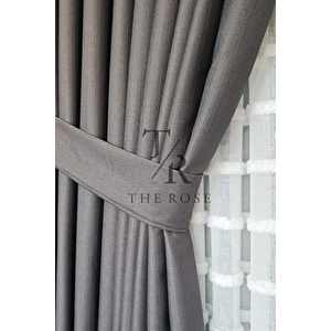 Keten Fon Perde, Antrasit, Pano Fon, Sık Pile, Kuşaklı, Düz Renk, Tek Kanat 110x235 cm