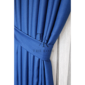 Keten Fon Perde, Lacivert, Pano Fon, Sık Pile, Kuşaklı, Düz Renk, Tek Kanat 100x230 cm