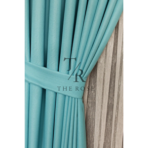 Keten Fon Perde, Turkuaz, Pano Fon, Sık Pile, Kuşaklı, Düz Renk, Tek Kanat 80x255 cm