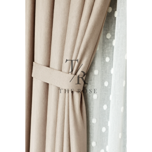 Keten Fon Perde, Bej, Pano Fon, Sık Pile, Kuşaklı, Düz Renk, Tek Kanat 110x235 cm