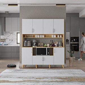 Nora Kahve Köşesi Çok Amaçlı Dolap Kiler Mutfak Dolabı Meşe Beyaz 140cm - Montaj Dahil